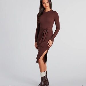 New Windsor Stylish Staple Tie-Front Ribbed Knit Midi Dress